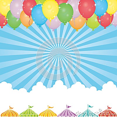 Sky background with balloon and event tents. Vector Illustration